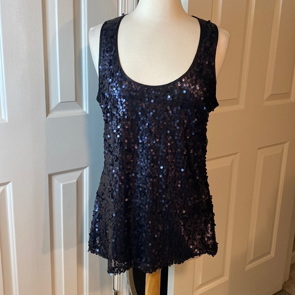 Kenar Black Sequin Scoopneck Tank Top Size Large in EUC